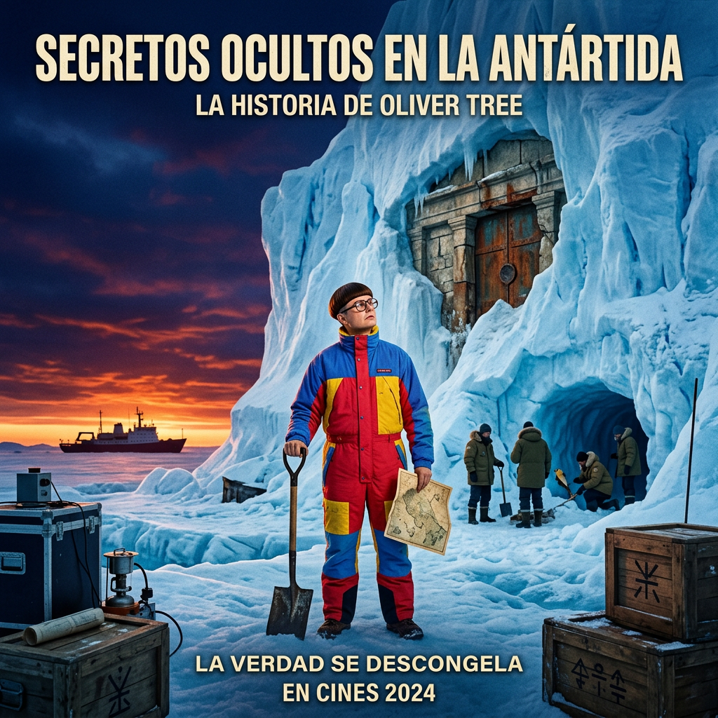 Film poster reading “Secretos ocultos en la Antártida: La historia de Oliver Tree” and “La verdad se descongela en cines 2024.”