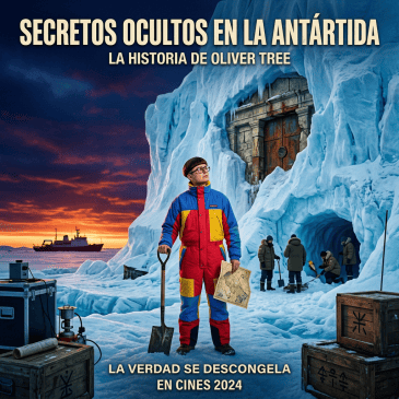 Film poster reading “Secretos ocultos en la Antártida: La historia de Oliver Tree” and “La verdad se descongela en cines 2024.”