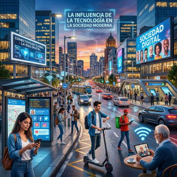 City scene with text: “LA INFLUENCIA DE LA TECNOLOGÍA EN LA SOCIEDAD MODERNA,” “CONECTIVIDAD GLOBAL – LA ERA DIGITAL,” and “SOCIEDAD DIGITAL”