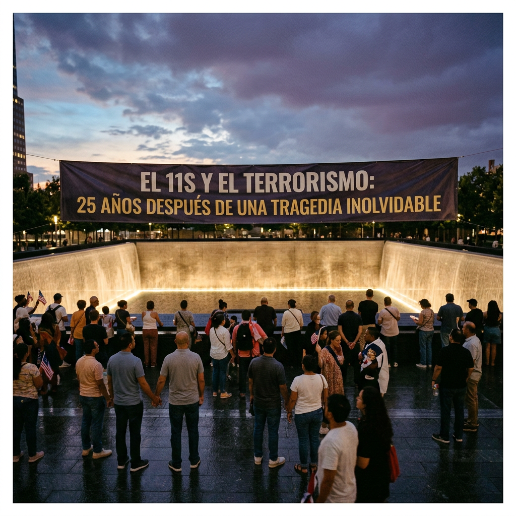 Crowd at 9/11 Memorial beneath banner reading “EL 11S Y EL TERRORISMO: 25 AÑOS DESPUÉS DE UNA TRAGEDIA INOLVIDABLE”