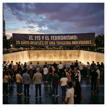 Crowd at 9/11 Memorial beneath banner reading “EL 11S Y EL TERRORISMO: 25 AÑOS DESPUÉS DE UNA TRAGEDIA INOLVIDABLE”