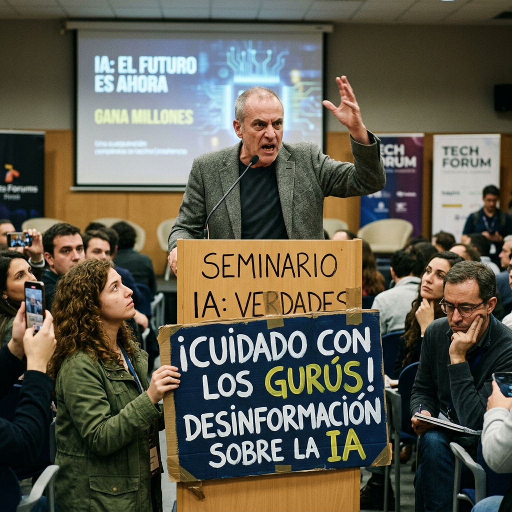 Ponente en seminario sobre IA junto a cartel: "¡CUIDADO CON LOS GURÚS! DESINFORMACIÓN SOBRE LA IA"; pantalla: "IA: EL FUTURO ES AHORA".
