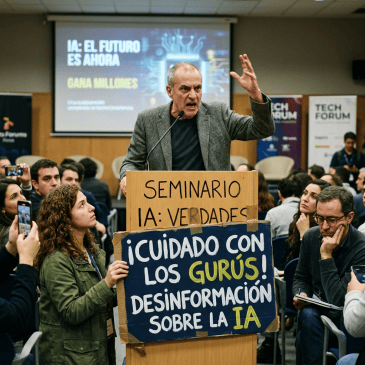 Ponente en seminario sobre IA junto a cartel: "¡CUIDADO CON LOS GURÚS! DESINFORMACIÓN SOBRE LA IA"; pantalla: "IA: EL FUTURO ES AHORA".
