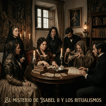 Victorian gathering around a table with cards, candles, manuscripts, and Spanish title text: El misterio de Isabel II y los ritualismos